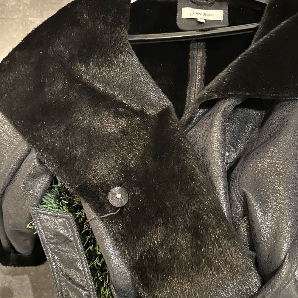 Hawke & Co Black Trench Coat Faux Fur Collar size Small - Picture 7 of 11
